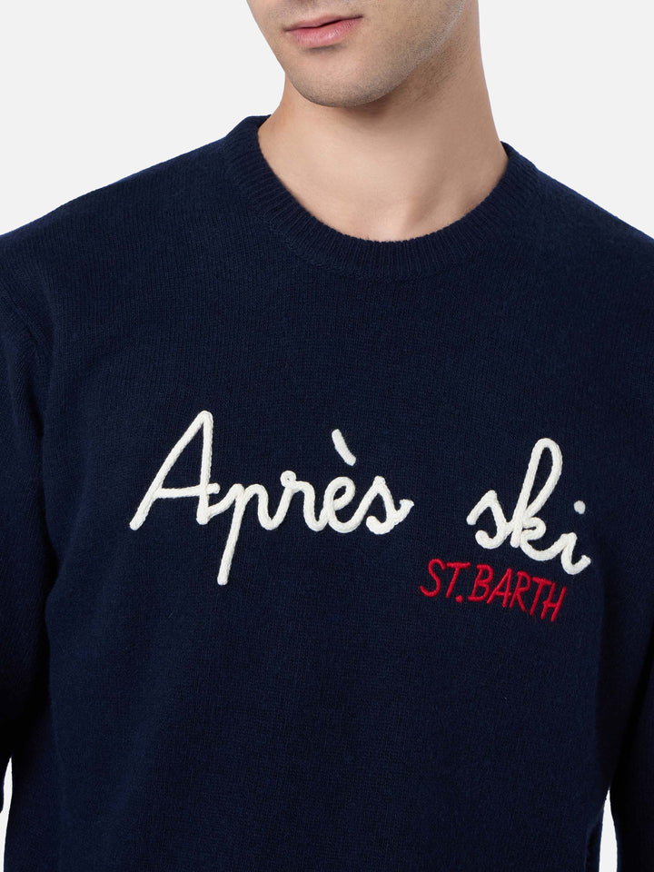 Man blue sweater Heron with St. Barth apres ski embroidery