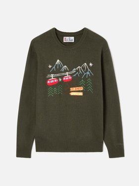 Crewneck-Strickpullover Heron in Militärgrün mit Bergstickerei 