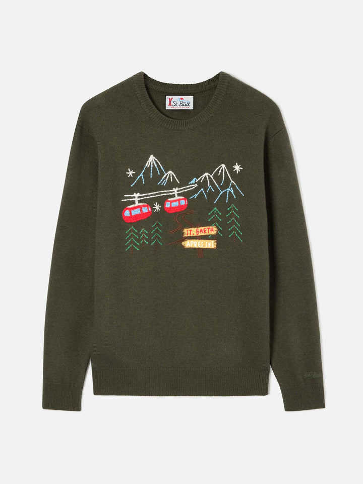 Crewneck-Strickpullover Heron in Militärgrün mit Bergstickerei 