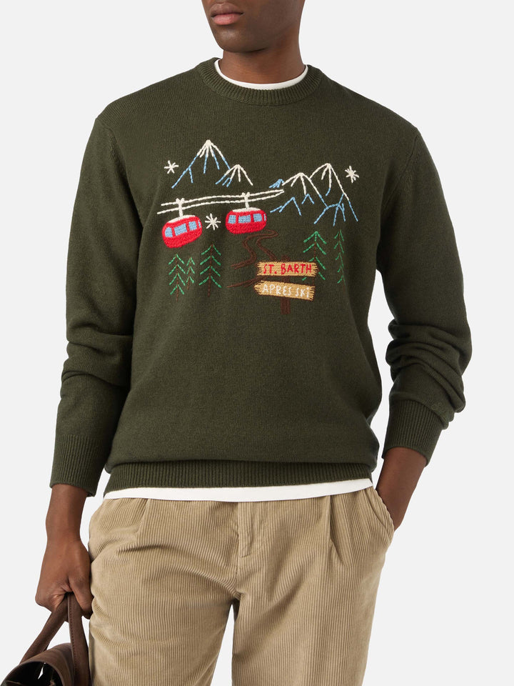 Crewneck-Strickpullover Heron in Militärgrün mit Bergstickerei 