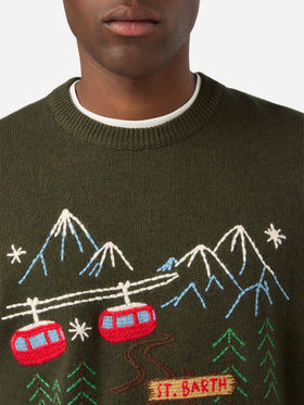 Crewneck-Strickpullover Heron in Militärgrün mit Bergstickerei 