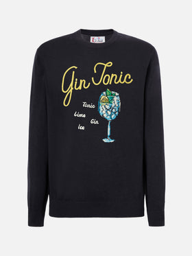 Blue sweater Heron with Gin Tonic embroidery