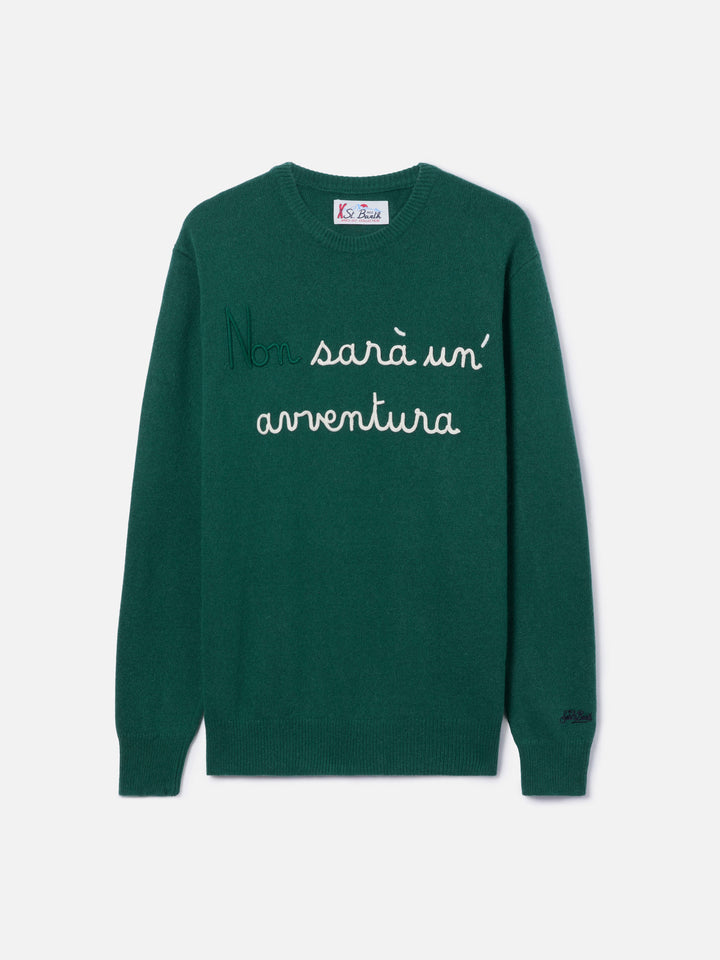Dark green Heron crewneck sweater with Non sarà un'avventura embroidery
