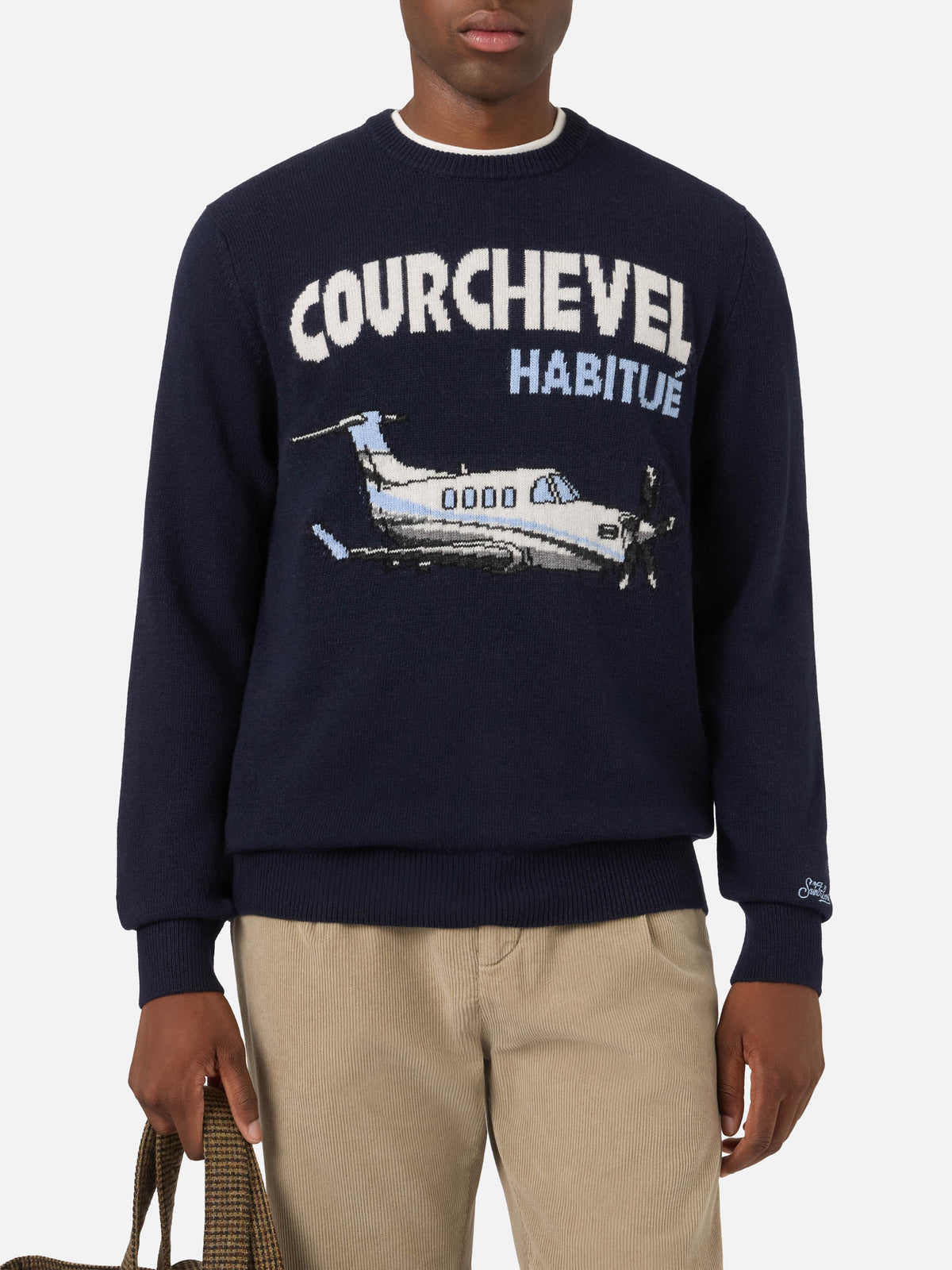 Navy blue Heron crewneck knit with Courchevel Habitué intarsia