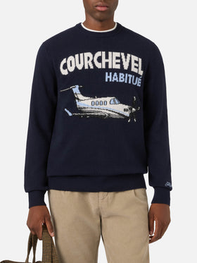 Navy blue Heron crewneck knit with Courchevel Habitué intarsia