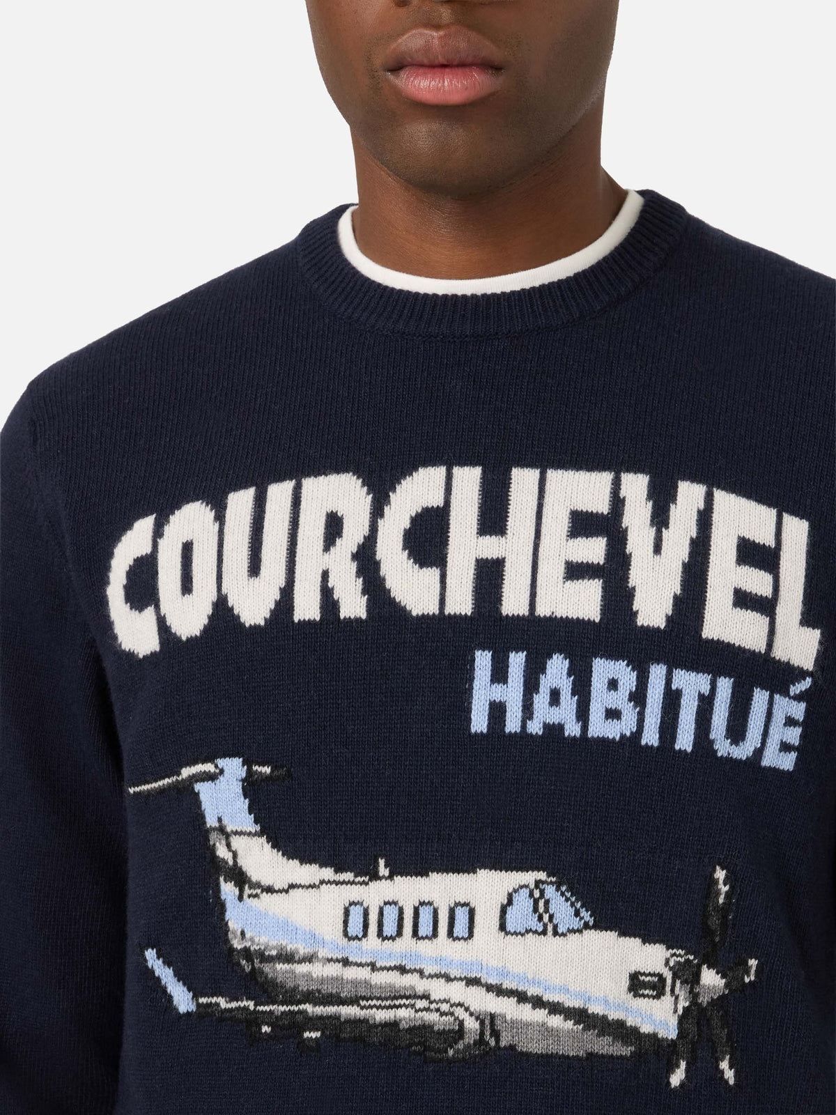 Navy blue Heron crewneck knit with Courchevel Habitué intarsia