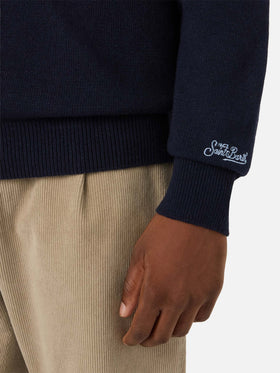 Navy blue Heron crewneck knit with Courchevel Habitué intarsia