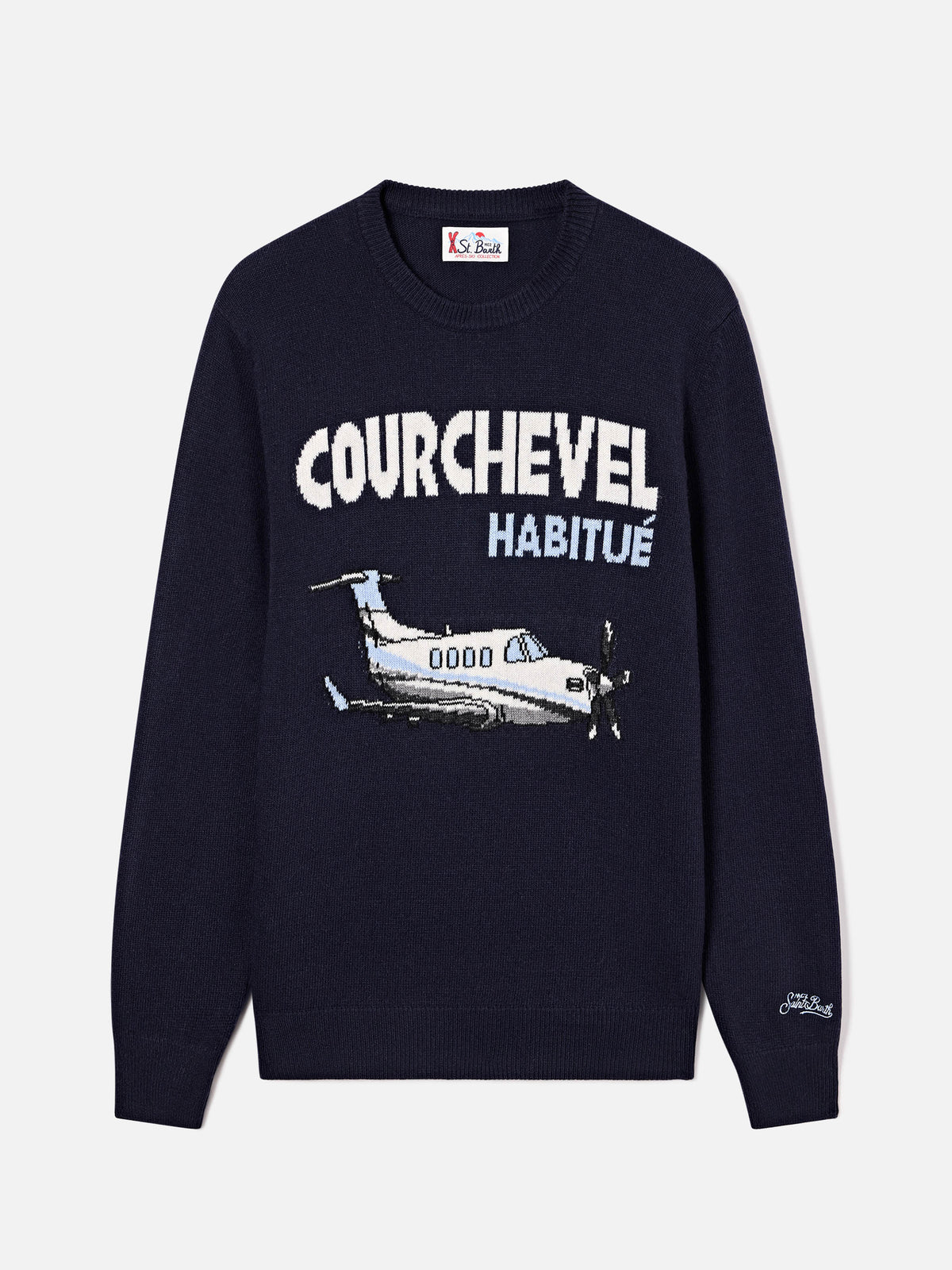 Navy blue Heron crewneck knit with Courchevel Habitué intarsia