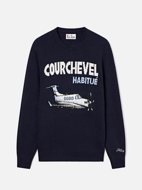 Navy blue Heron crewneck knit with Courchevel Habitué intarsia