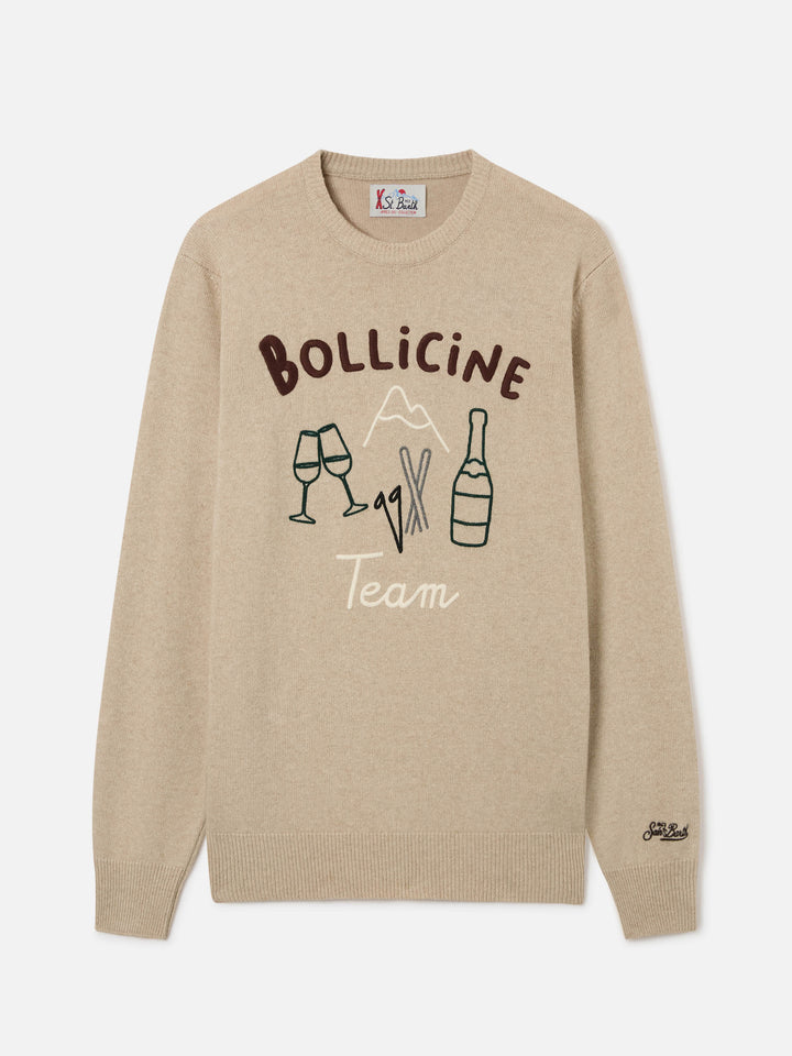 Maglia girocollo Heron beige con ricamo e intarsio Bollicine Team