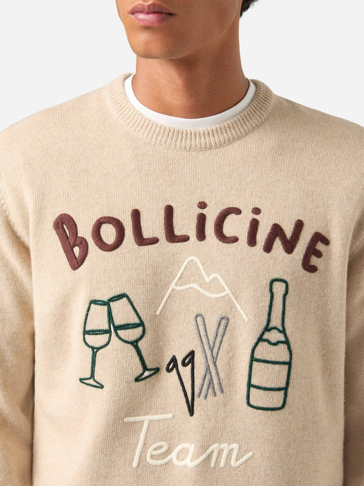 Beige Heron crewneck knit with Bollicine Team intarsia and embroidery