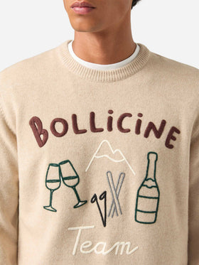Beige Heron crewneck knit with Bollicine Team intarsia and embroidery