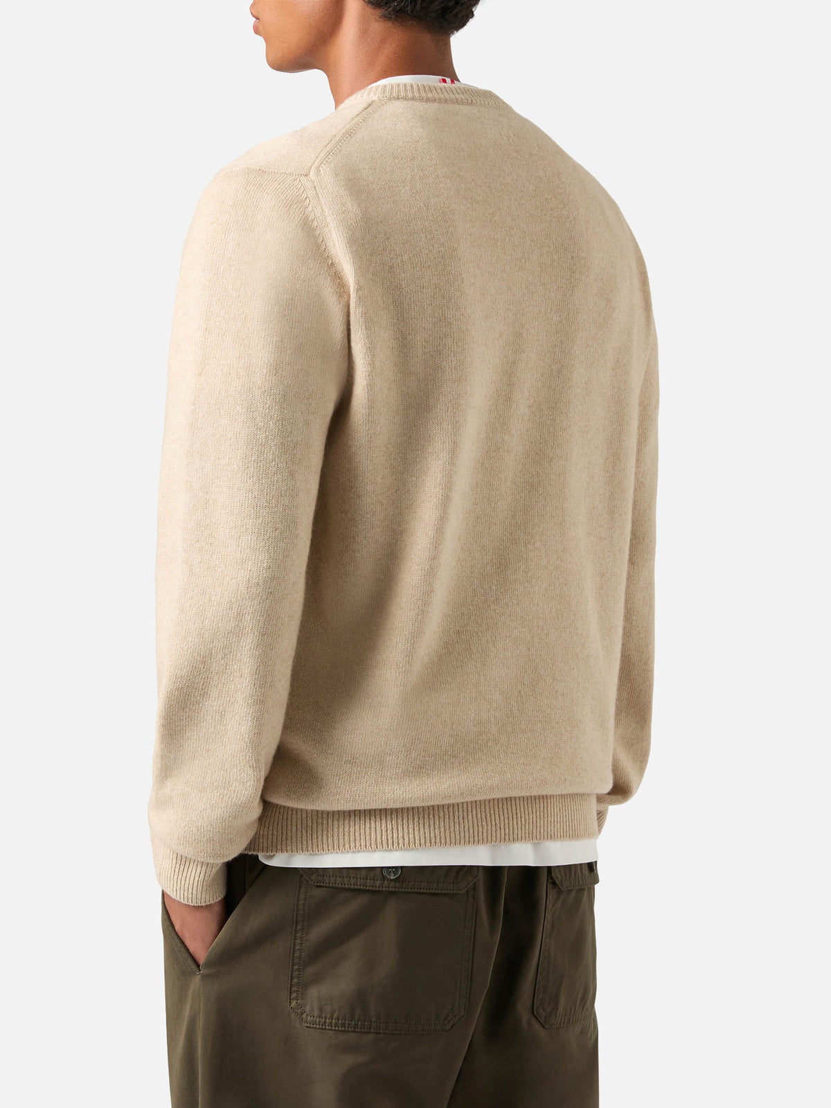 Beige Heron crewneck knit with Bollicine Team intarsia and embroidery