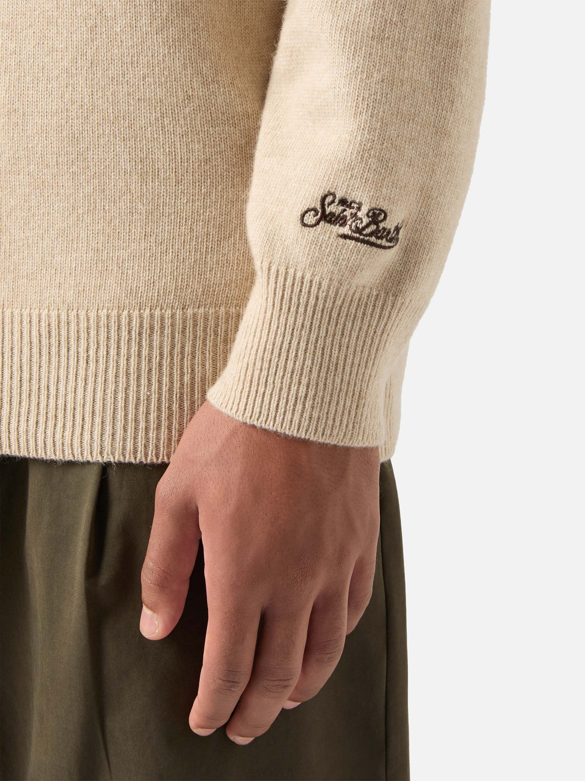 Beige Heron crewneck knit with Bollicine Team intarsia and embroidery