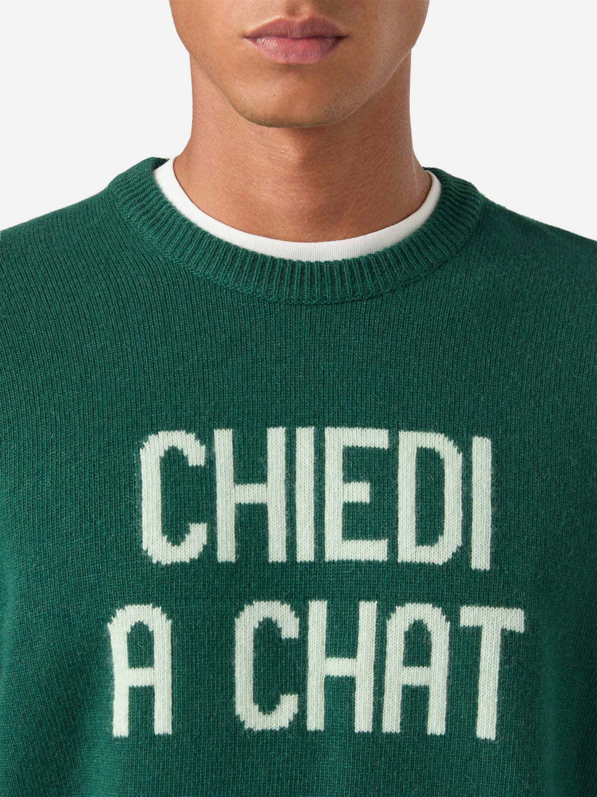 Green Heron crewneck knit with Chiedi A Chat intarsia