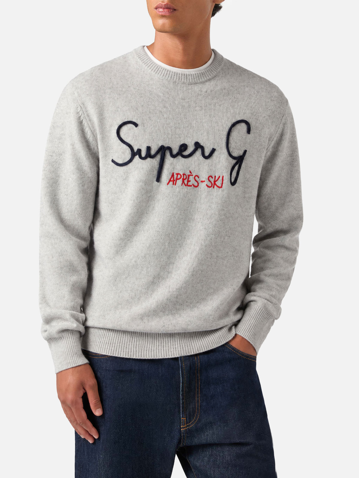 Light grey melange Heron crewneck sweater with Super G embroidery
