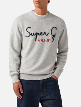 Light grey melange Heron crewneck sweater with Super G embroidery