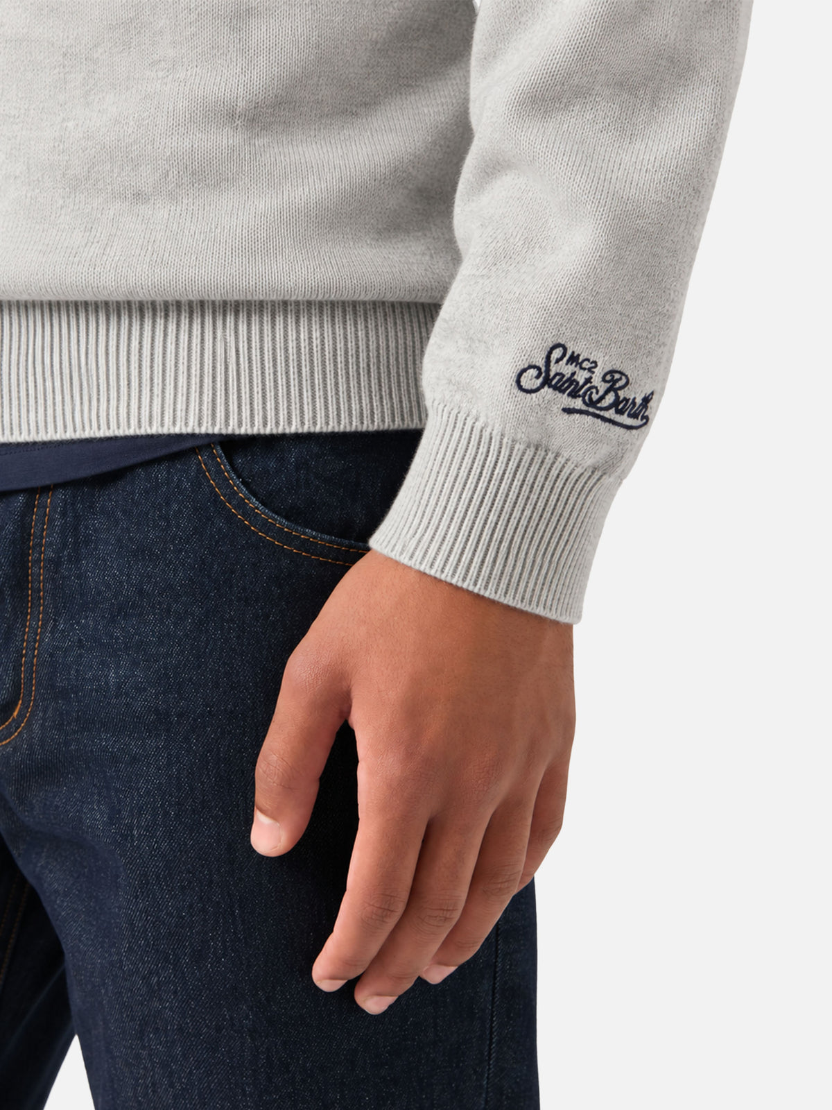 Light grey melange Heron crewneck sweater with Super G embroidery
