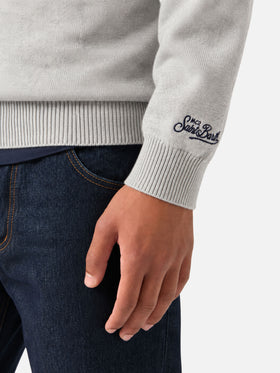 Light grey melange Heron crewneck sweater with Super G embroidery