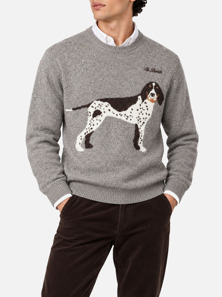 Maglia girocollo Heron grigio chiaro melange in donegal con jacquard cane
