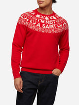 Roter Pullover Heron mit Fair-Isle-Jacquard und I'm not a Saint-Jacquard