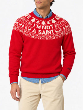 Suéter rojo Heron con jacquard Fair Isle y jacquard I'm not a Saint 