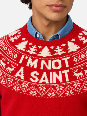 Suéter rojo Heron con jacquard Fair Isle y jacquard I'm not a Saint 