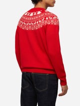 Roter Pullover Heron mit Fair-Isle-Jacquard und I'm not a Saint-Jacquard