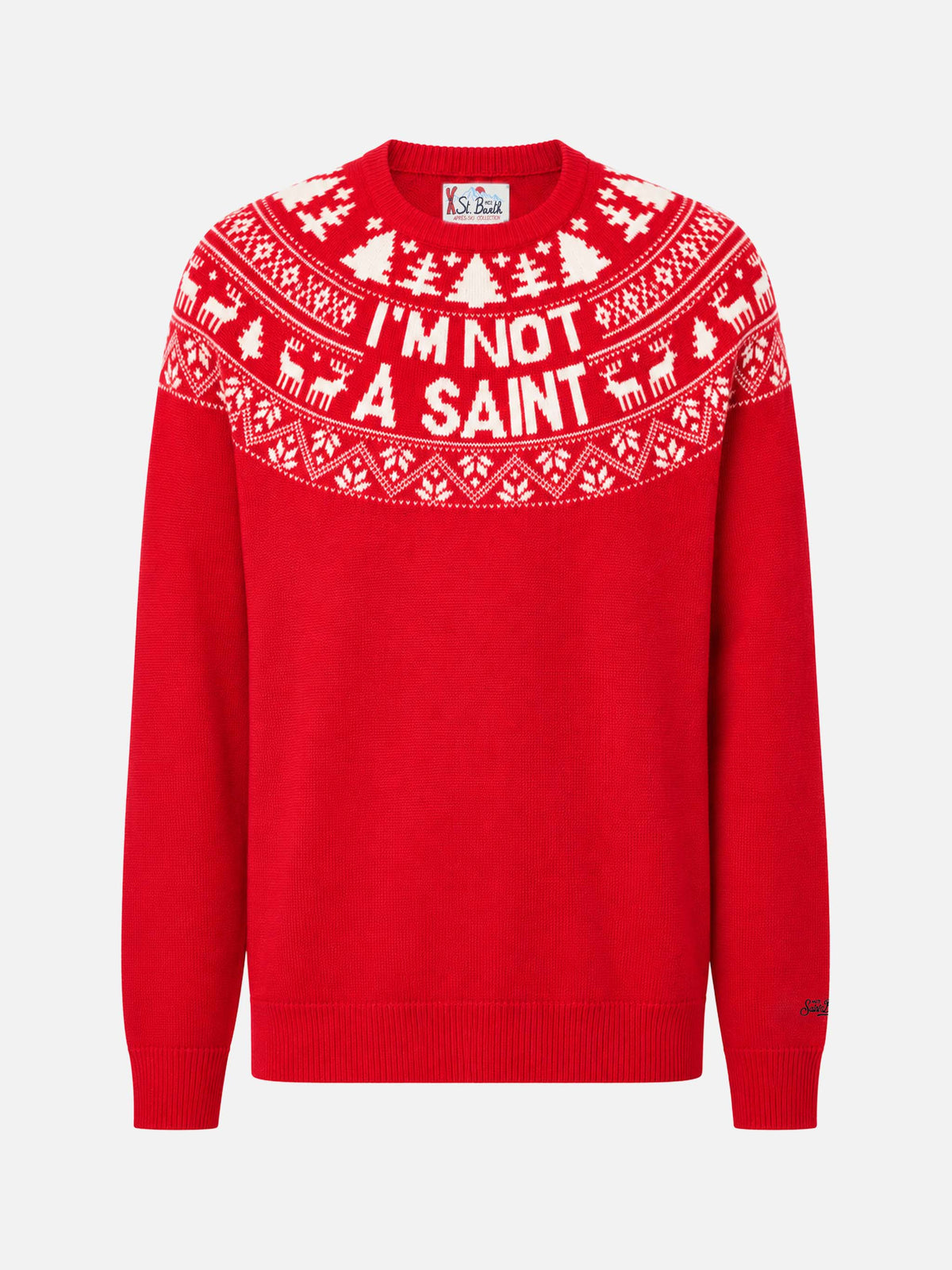 Suéter rojo Heron con jacquard Fair Isle y jacquard I'm not a Saint 