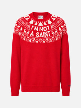 Suéter rojo Heron con jacquard Fair Isle y jacquard I'm not a Saint 