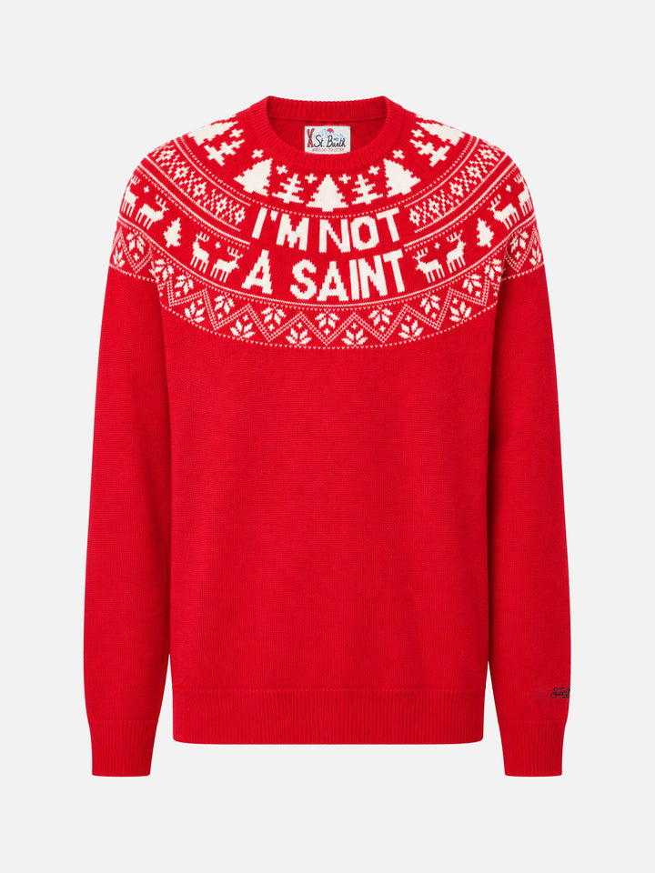 Suéter rojo Heron con jacquard Fair Isle y jacquard I'm not a Saint 