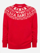 Roter Pullover Heron mit Fair-Isle-Jacquard und I'm not a Saint-Jacquard