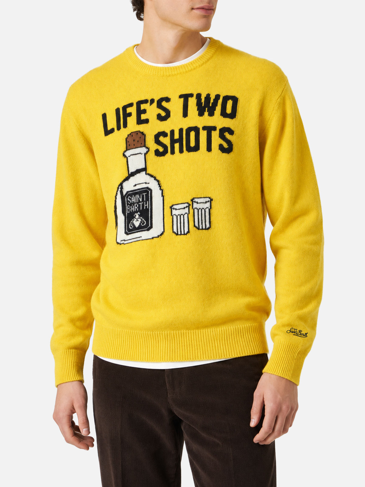 Yellow Heron sweater with Life's two shots lettering