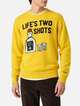 Yellow Heron sweater with Life's two shots lettering