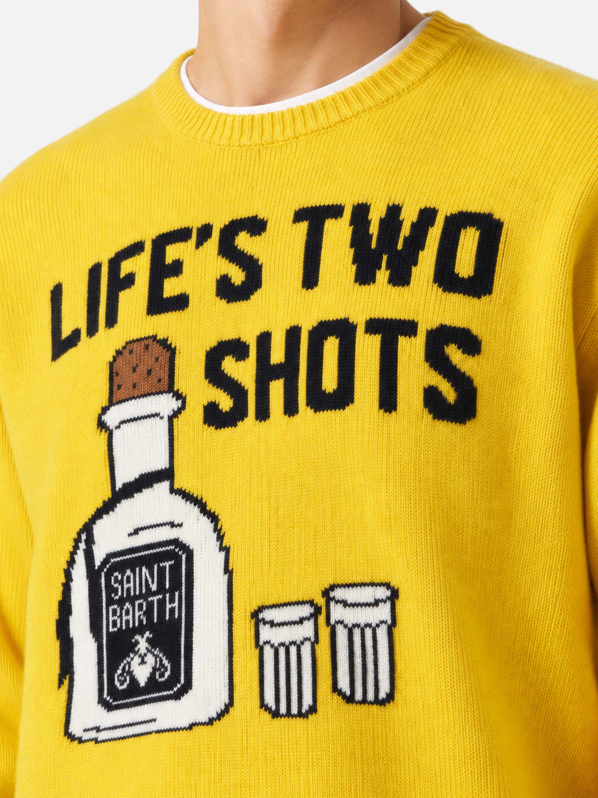 Yellow Heron sweater with Life's two shots lettering
