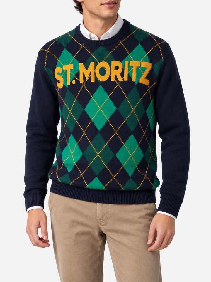Maglia girocollo Heron blu navy con jacquard argyle