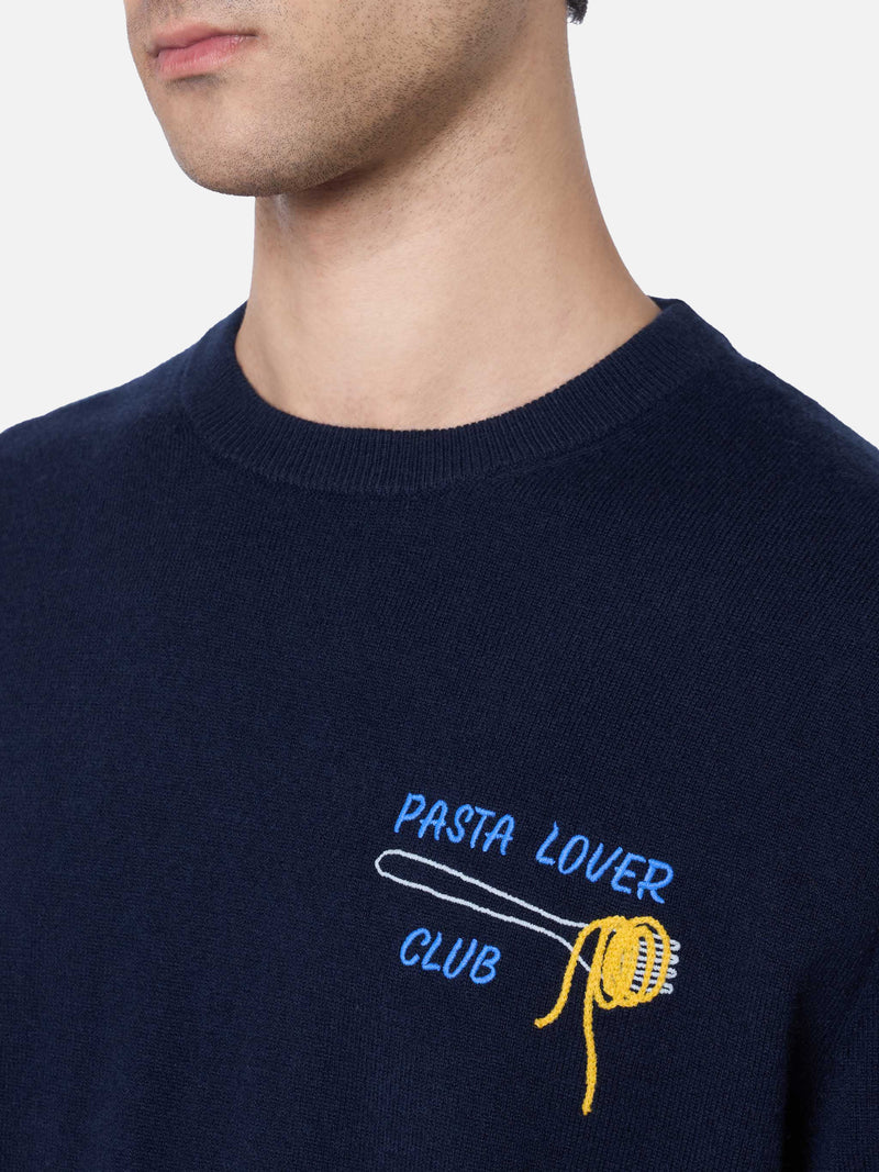 Maglione da uomo blu Heron con ricamo Pasta lover