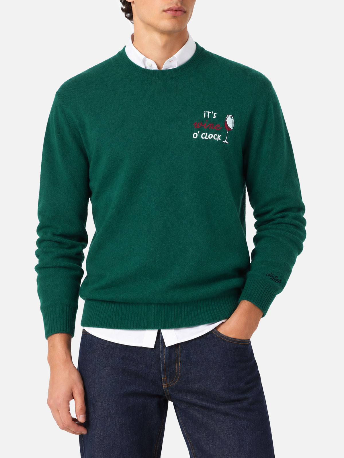 Maglione Heron Light verde scuro con ricamo It’s wine o’clock