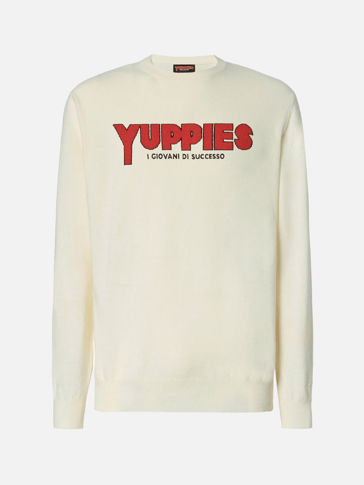 Maglione Heron light bianco con jacquard Yuppies e ricamo | YUPPIES SPECIAL EDITION