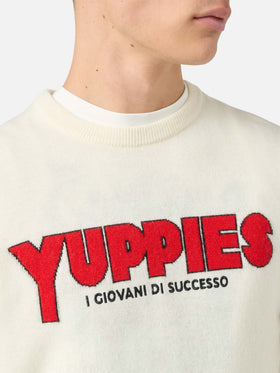 Heron Light crewneck in white with Yuppies jacquard and embroidery | YUPPIES SPECIAL EDITION