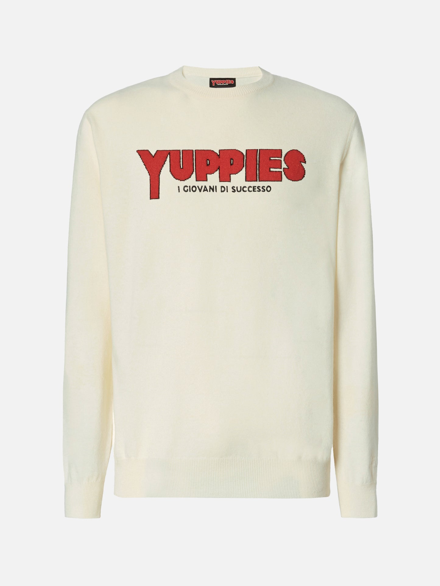 Heron Light crewneck in white with Yuppies jacquard and embroidery | YUPPIES SPECIAL EDITION