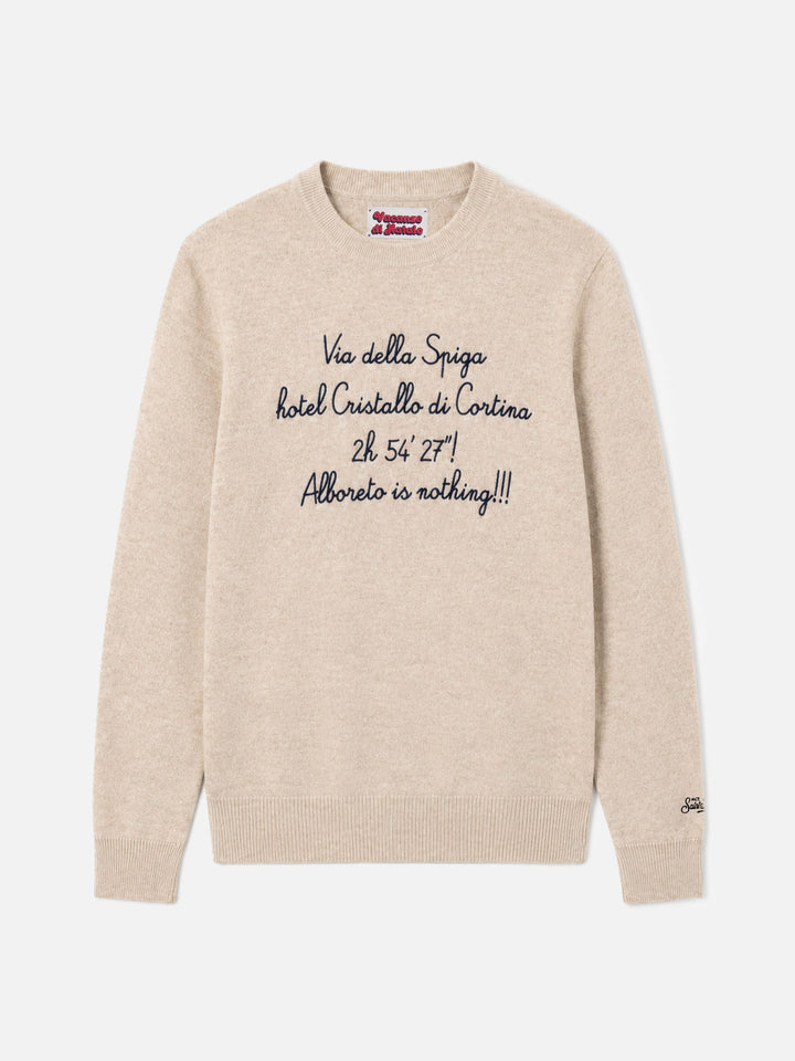 Beige Heron Light crewneck sweater with Via della Spiga embroidery | Special edition