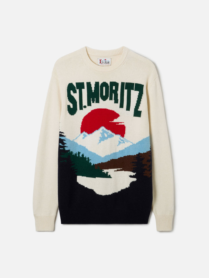 Maglia Heron bianca con jacquard cartolina St. Moritz