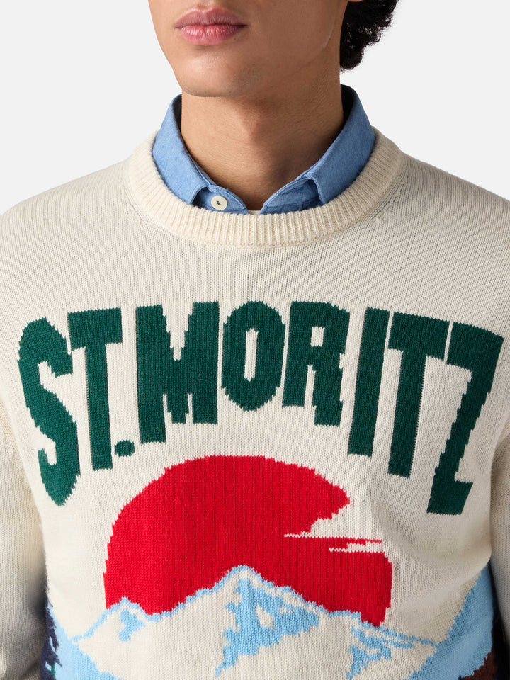 Crewneck sweater Heron with St. Moritz postcard jacquard
