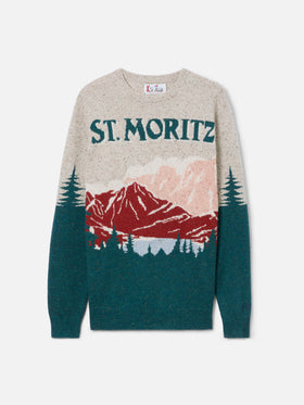 Donegal-Pullover mit Rundhalsausschnitt und Reihermotiv mit Jacquard-Muster und Postkartenmotiv aus St. Moritz
