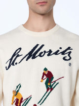 Weisser Herrenpullover Heron mit Jacquard-Print St. Moritz Ski | ST. MORITZ TOP OF THE WORLD SPECIAL EDITION