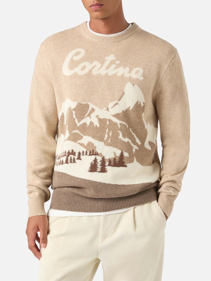 Beiger Rundhals-Strickpullover Heron mit Cortina-Intarsie 