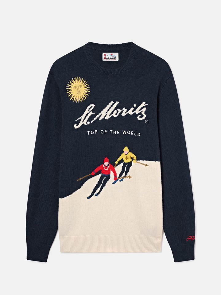 Jersey de punto con cuello redondo Heron Navy blue con intarsia y bordado St. Moritz | Special edition 