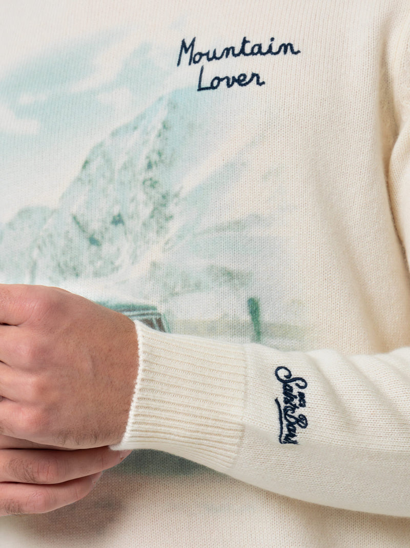 Maglione bianco da uomo Heron con stampa jacquard Mountain lover