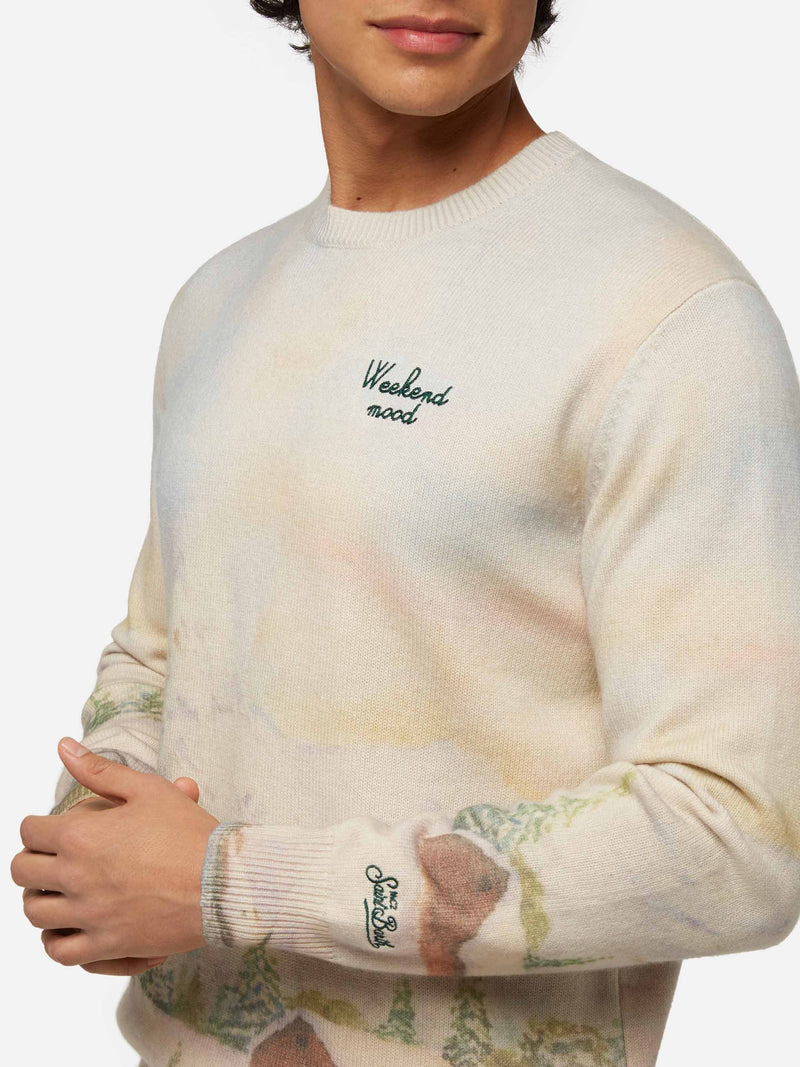 Crewneck sweater Heron with landscape print and Weekend mood embroidery